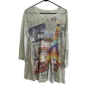 Cactus Shirt Womens Large Top White Multi Europe Paris Mail Stamp Rhinestone